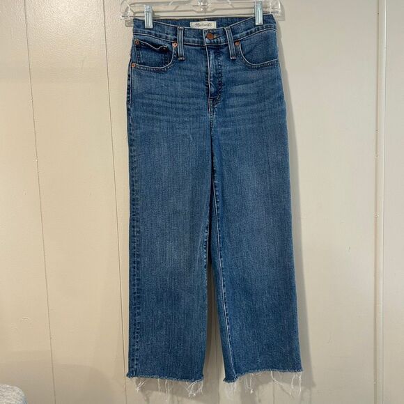 Madewell Denim - Madewell Slim Wide-Leg Crop Jeans 24P Petite Medium Wash Raw Hem High Rise Denim